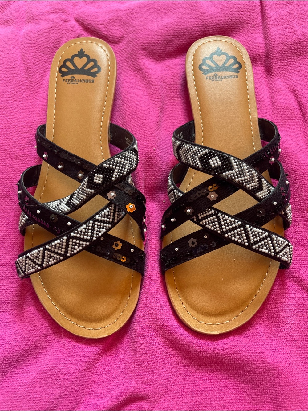 Fergalicious Women's Size 10 Black Beaded Crisscross Slide Sandals